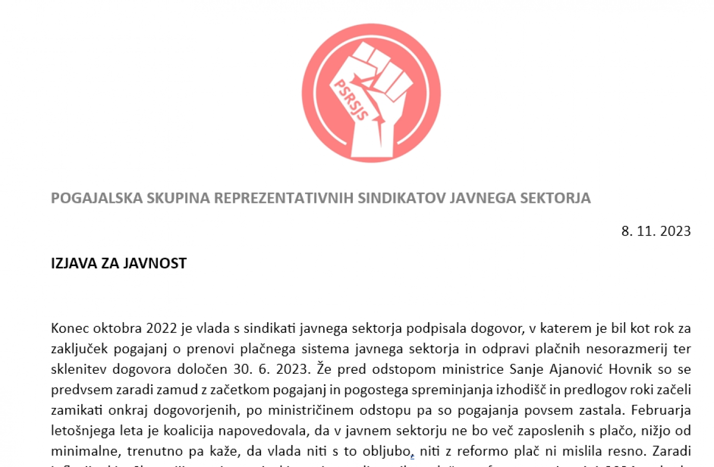 Izjava za javnost -Tiskovna konferenca PSRSJS  08.11.2023